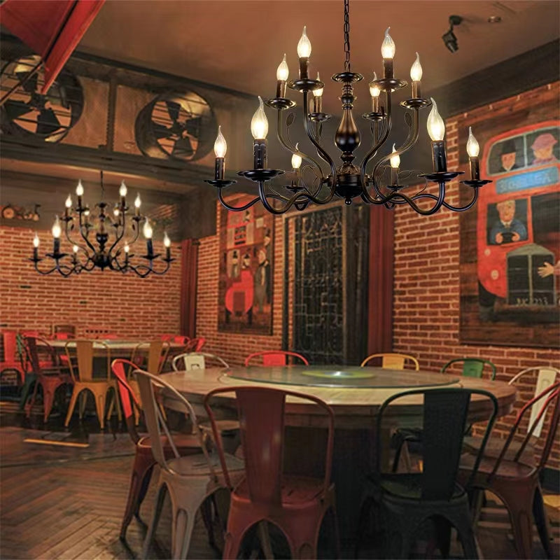 Multi Layer Iron Chandelier with Electronic Candles in Vintage Country Style for Living Room Cafe and Study