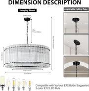 37'' Black Chandelier Fixture, Doule Layer Drum Pendant Lighting