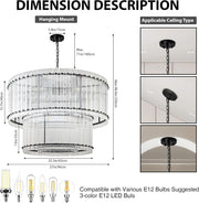 Black Modern Chandelier,2-Tier Round 37" Chandelier, Drum Pendant Lighting, Adjustable Round Chandelier