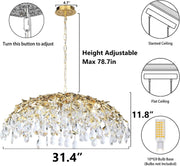 Modern Crystal Chandelier,Gold Ceiling Pendant Flower Hanging Lighting 31.5"