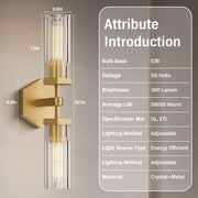 Crystal Wall Sconces Set of Two, 18" Dual-Lights Brass Sconces Wall Lighting