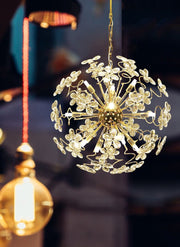 Golden Faceted Crystal Petal Dandelion Chandelier 24"