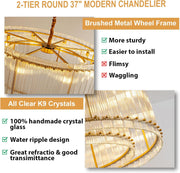 Gold Modern Chandelier, 2-Tier Round 37" Chandelier, Drum Pendant Lighting, Adjustable Chandelier