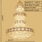 JC Aniston Luxury Gold Crystal Chandelier for High-Ceiling Living Rooms and Foyers