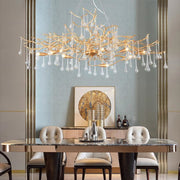 JC Lorna Clear Teardrop Oval Dining Branch Chandelier, Brass Branch Chandelier