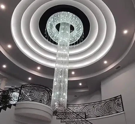 Extra Large Flush Mount Silver Waterfall Luxury Ceiling Crystal Chandelier for High-ceiling Living Room/Duplex Hall