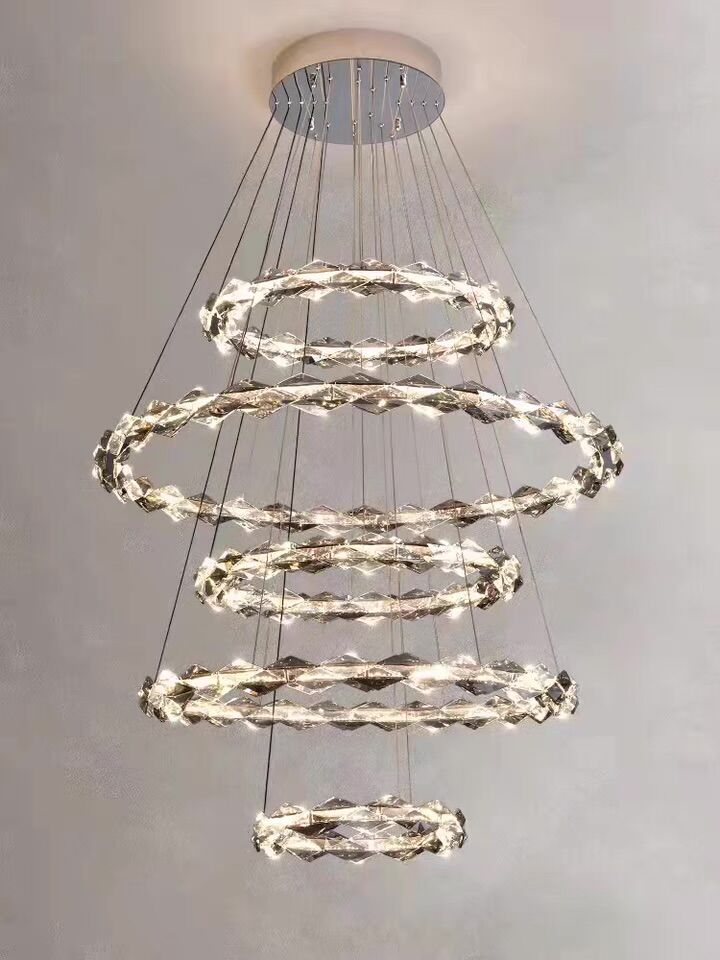 Oversized Multi-Tiered Rings Crystal Chandelier Modern Clear and Grey Crystal Ceiling Light Fixture For Staircase/Foyer/Hallway/Entryway