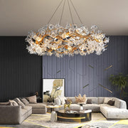 Branch Petal Crystal Brass Round Chandelier